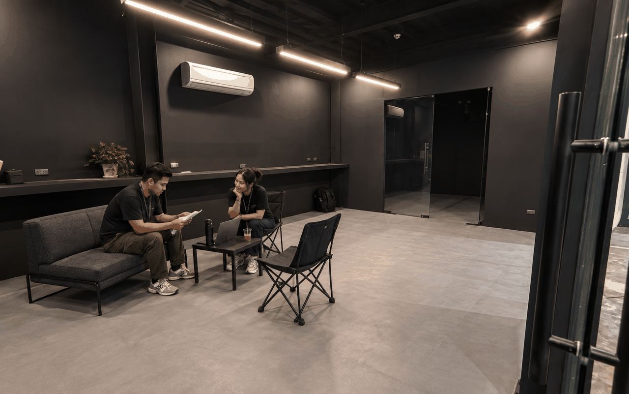 AI-staged visualization based on Studio W9 room photographs, showing the lounge's black walls, continuous ledge, glass doorway, split air conditioner and movable crew seating.