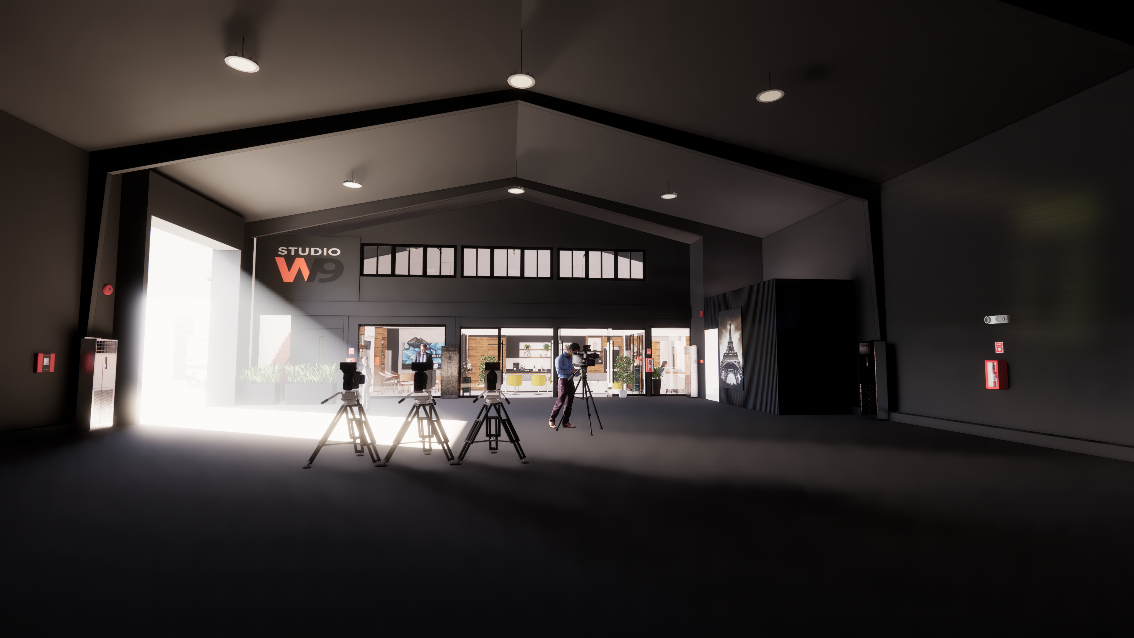 Studio W9 matte black interior — 442 sqm shooting area